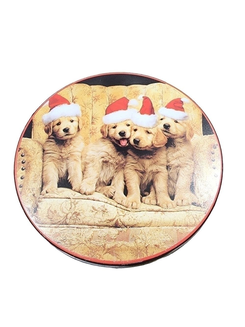 Vintage santa Hat Lab puppies cookie tin 6.5" Holiday Christmas